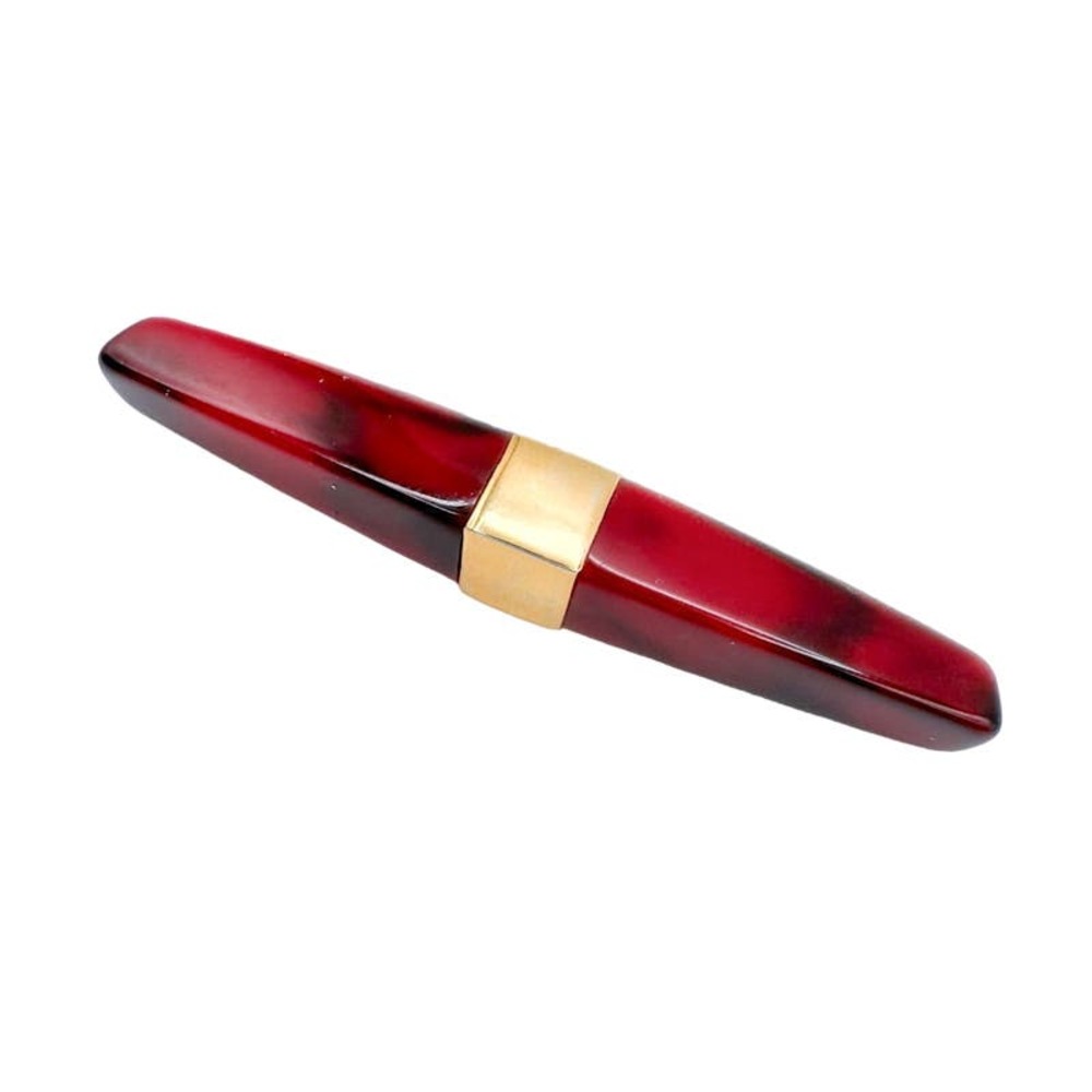 Vintage Trifari Gold Tone Red Tourtoise Lucite Bar Brooch 2.5” Estate Costume